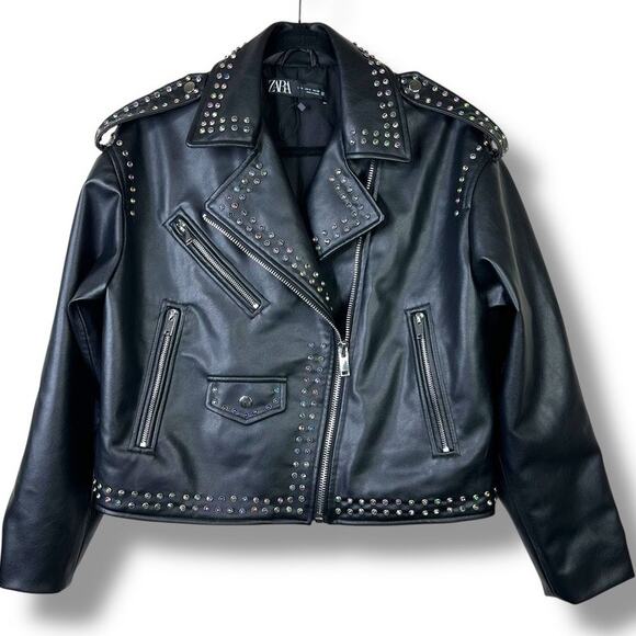 ZARA NWOT Black Faux Leather Rainbow Studded Rhinestone Biker Moto Jacket Medium - Picture 9 of 15